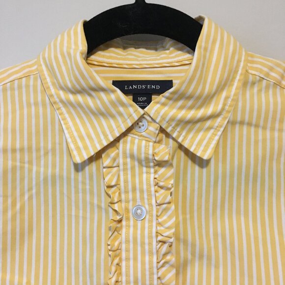 Lands' End Yellow & White Pinstripe Ruffle Trim Button Down Shirt - Picture 4 of 16